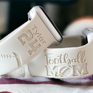 FOOTBALL MOM, Silicone Watch Band, Laser Engraved, Apple Watch, 20mm, Amazfit, Garmin, Gizmo, Samsung Compatible