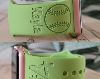 Personalized Apple Compatible Watch Band: Custom Engraved Silicone Strap, BASEBALL, SOFTBALL