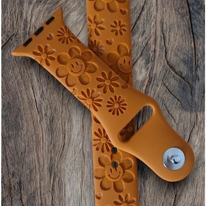Personalized Apple Compatible Watch Band: Custom Engraved Silicone Strap, DAISY, Smile Face, Retro Hippie image 1