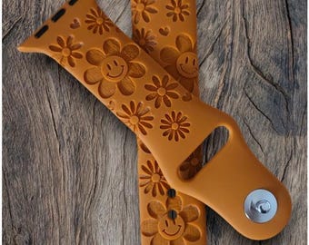 Personalized Apple Compatible Watch Band: Custom Engraved Silicone Strap, DAISY, Smile Face, Retro Hippie