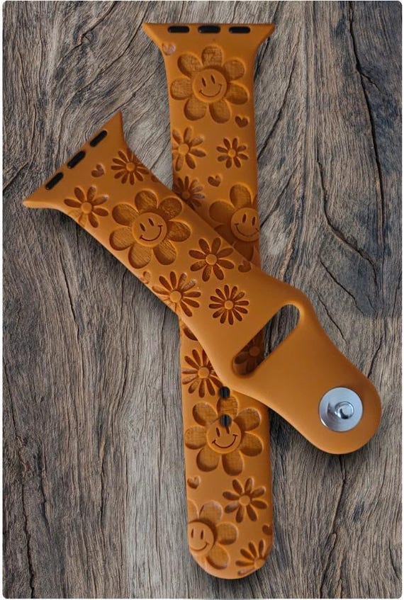 Personalized Apple Compatible Watch Band: Custom Engraved Silicone Strap, DAISY, Smile Face, Retro Hippie