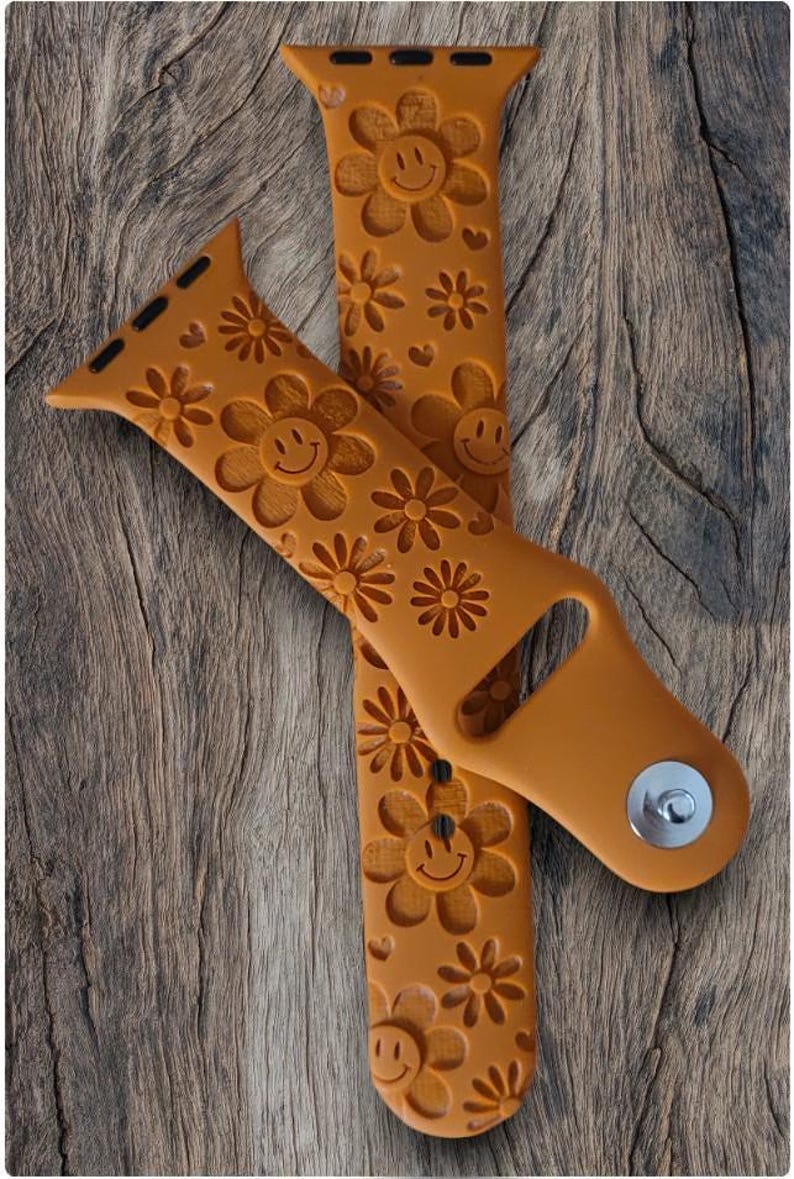 Personalized Apple Compatible Watch Band: Custom Engraved Silicone Strap, DAISY, Smile Face, Retro Hippie image 1