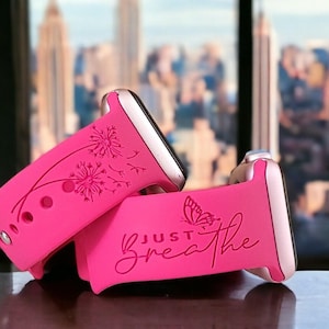 JUST BREATHE, Butterfly, Silicone Watch Band, Laser Engraved, Apple Watch, 20mm, Amazfit, Garmin, Gizmo, Samsung Compatible