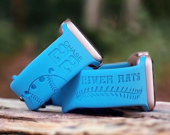 Personalized Apple Compatible Watch Band: Custom Engraved Silicone Strap, BASEBALL, SOFTBALL