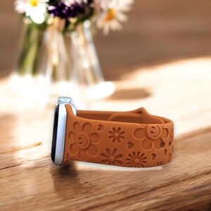Personalized Apple Compatible Watch Band: Custom Engraved Silicone Strap, DAISY, Smile Face, Retro Hippie image 3