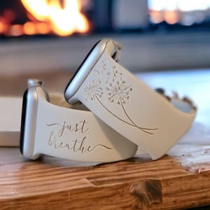 JUST BREATHE, Dandelion, Silicone Watch Band, Laser Engraved, Apple Watch, 20mm, Amazfit, Garmin, Gizmo, Samsung Compatible