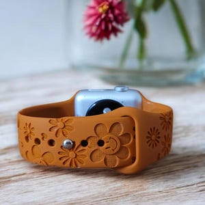 Personalized Apple Compatible Watch Band: Custom Engraved Silicone Strap, DAISY, Smile Face, Retro Hippie image 4