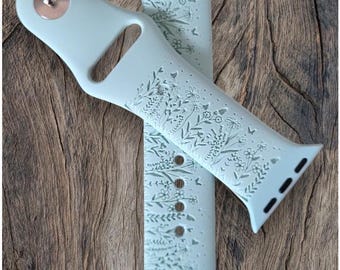 Personalized Apple Compatible Watch Band: Custom Engraved Silicone Strap, WILDFLOWERS