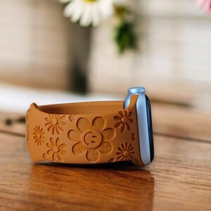 Personalized Apple Compatible Watch Band: Custom Engraved Silicone Strap, DAISY, Smile Face, Retro Hippie image 5