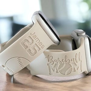 BASEBALL MOM, Silicone Watch Band, Laser Engraved, Apple Watch, 20mm, Amazfit, Garmin, Gizmo, Samsung Compatible