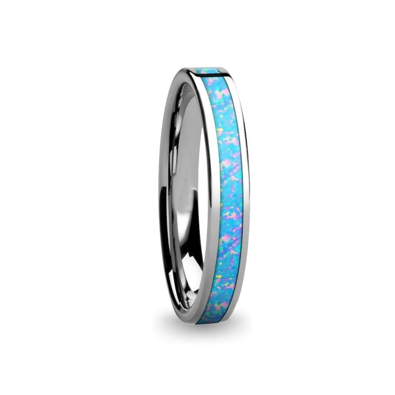 Deep Midnight Blue Opal Inlay Pink Flake Tungsten Wedding 4mm Ring Customise and choose from over 75 Opal Colours 3.2mm 4mm