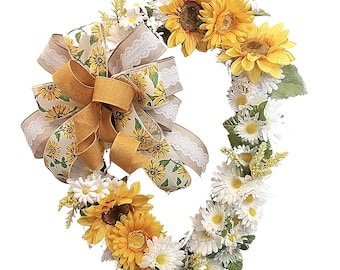 Summertime Sunflower Daisy Grapevine Wreath for Front Door,  Summer Floral Kitchen Wall Decoration for Home, Screen Door Decor