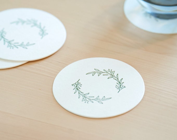 Floral Green Letterpress Paper Coaster (Set of 6) Letterpress coaster,Wedding Coaster, Party Coaster(Set of 6),House Party, Home gift
