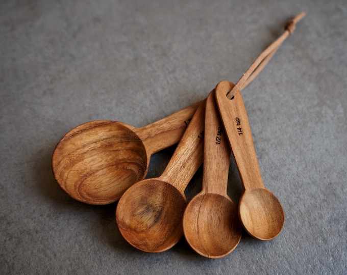 Golden Teak Wood Measuring Spoon Set, Handmade Wooden Measuring Spoon