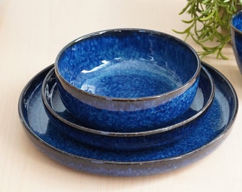 New Starry Night Collection, Handmade Stoneware Dinnerware Set , Salad Plate, Bowl,Stoneware Plates, Pottery Plates set, Blue Dinnerware Set