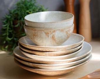 Handmade Stoneware Dinnerware Set, Moonlight Collection, White Ceramic Dinnerware Set, Pottery Plate,Pottery Bowl, Dinnerware Set,Home Gifts