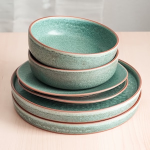 Stone Green Collection, Green Dinnerware set, Handmade Stoneware Dinnerware Set, Christmas Dinnerware, Thanksgiving Dinnerware