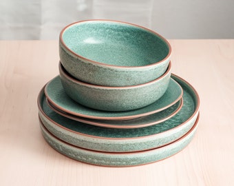 Stone Green Collection, Green Dinnerware set, Handmade Stoneware Dinnerware Set, Christmas Dinnerware, Thanksgiving Dinnerware