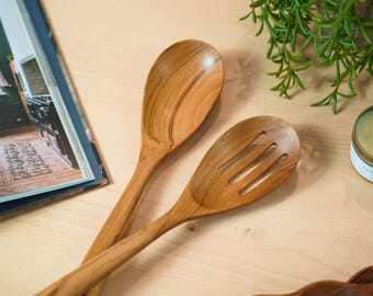 Curved Teak Spoon & Slotted Cooking Utensil, Slotted Teak Wood Spoon