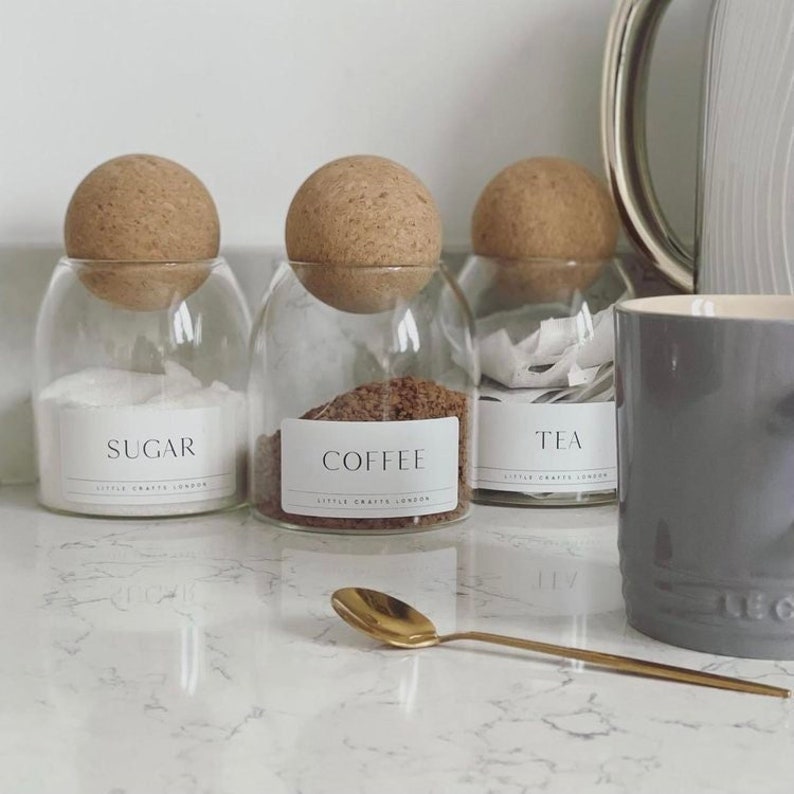 Set of 3 Cork Ball Glass Jars 500 ML | Tea Coffee Sugar Pantry Waterproof Label | Kitchen Food Storage | Homeware | Eco Friendly 