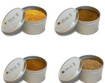 Artisanal Indian Spice Blends Gift Set  |  Garam Masala, Curry Powder, Turmeric Powder, Cumin seeds | Hand Crafted | 4 tins, 100gm each
