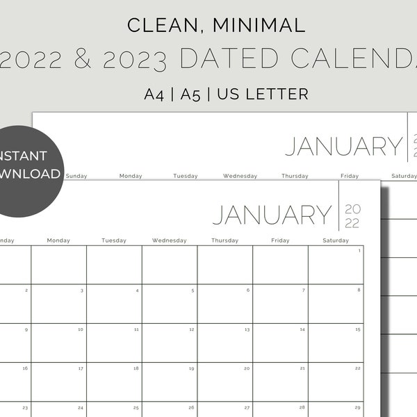 2022 - 2023 Monthly Calendars, Clean & Minimal, Digital or Printable PDF - Instant Download | A4, A5, US Letter