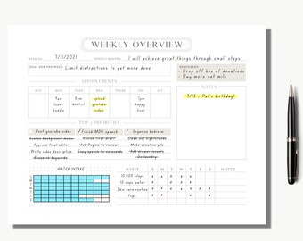 Einfacher Wochenplaner - Querformat, Sofort Download, Printable PDF | US Letter | Habit Tracker, To Do Liste