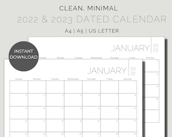 2022 - 2023 Monatskalender, Minimalistisch & Minimal, Digital oder druckbare PDF - Sofort Download | A4, A5, US Letter