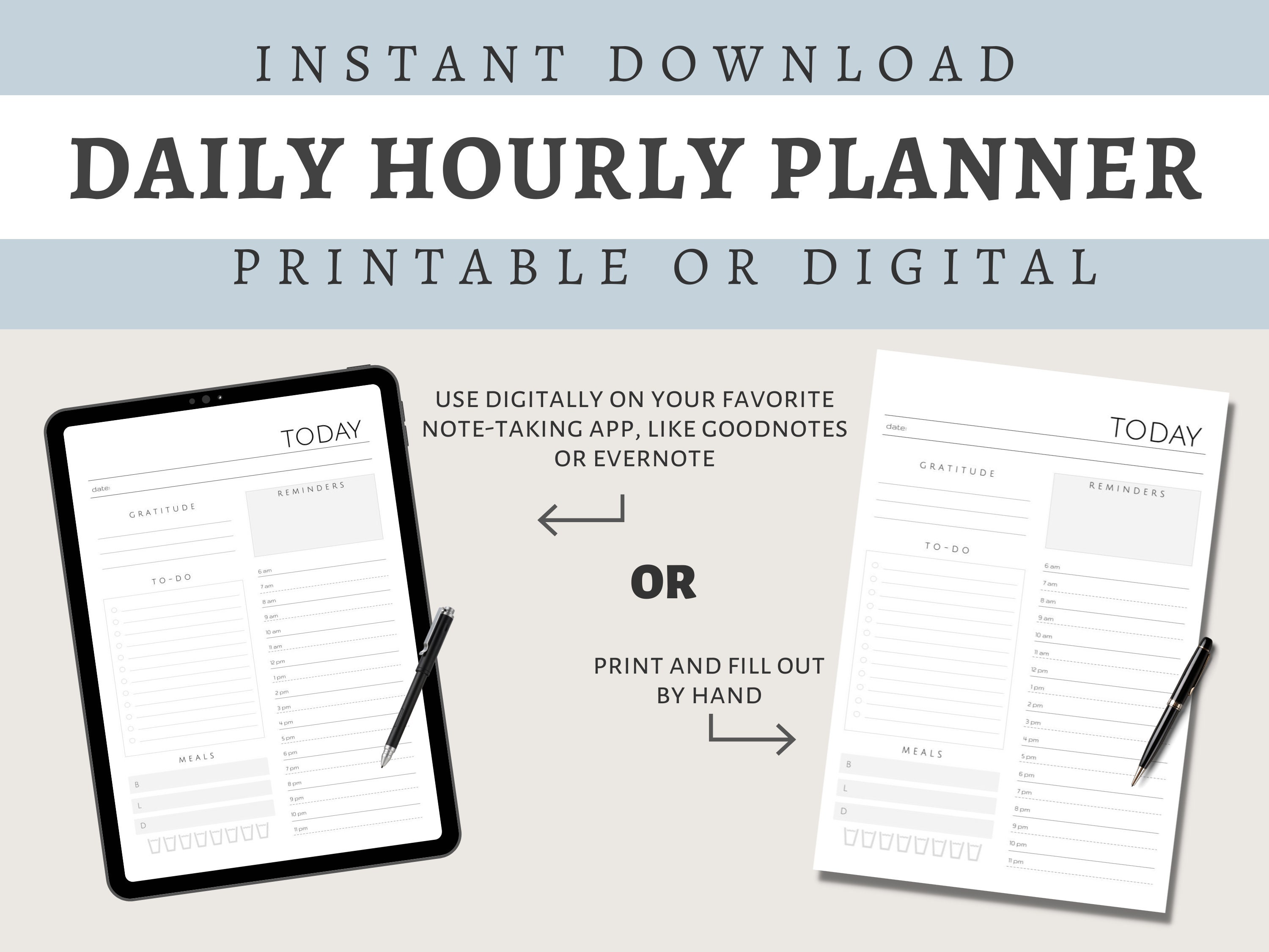 hourly daily planner page simple clean minimal aesthetic etsy