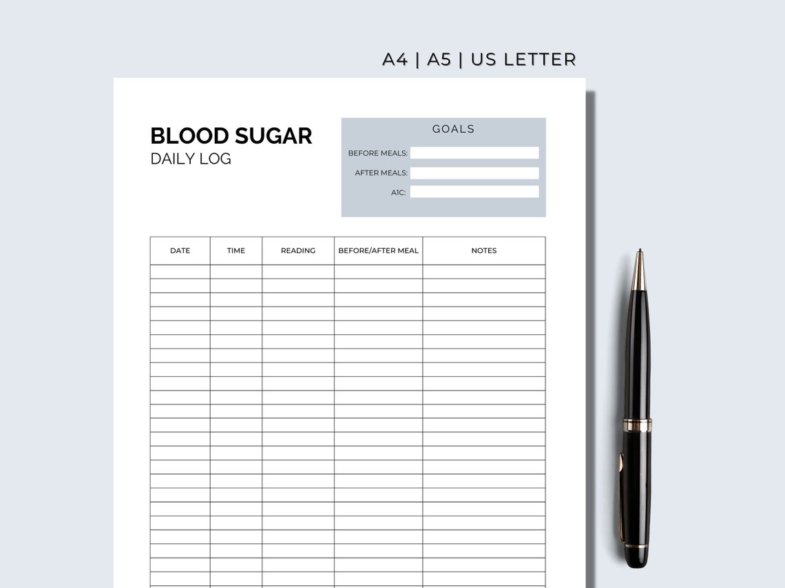 Blood Sugar Tracker, Printable Blood Glucose Log - Digital Download A4 ...