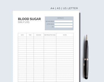 Blutzucker-Messgerät, druckbares Blutzuckertagebuch - digitaler Download A4, A5, & US Letter