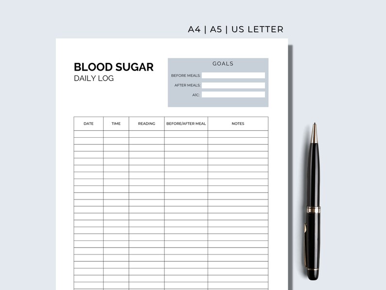 Blood Sugar Tracker, Printable Blood Glucose Log - Digital Download A4 ...