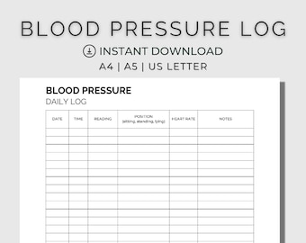 Blutdruck Tracker, Blutdruck Log - Digital Download A4 | A5 | US Letter