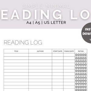 Reading Log, Printable Reading Tracker, Book Log Sheet - Digital Download A4, A5, & US Letter