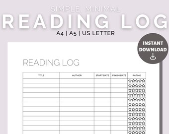 Reading Log, druckbares Reading Tracker, Buch Log Sheet - digitaler Download A4, A5, & US Letter
