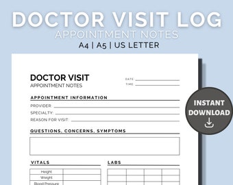Druckbares Arztbesuchstagebuch, Arztbesuchstagebuch, Gesundheitstagebuch - Digitaler Download A4 | A5| US Letter