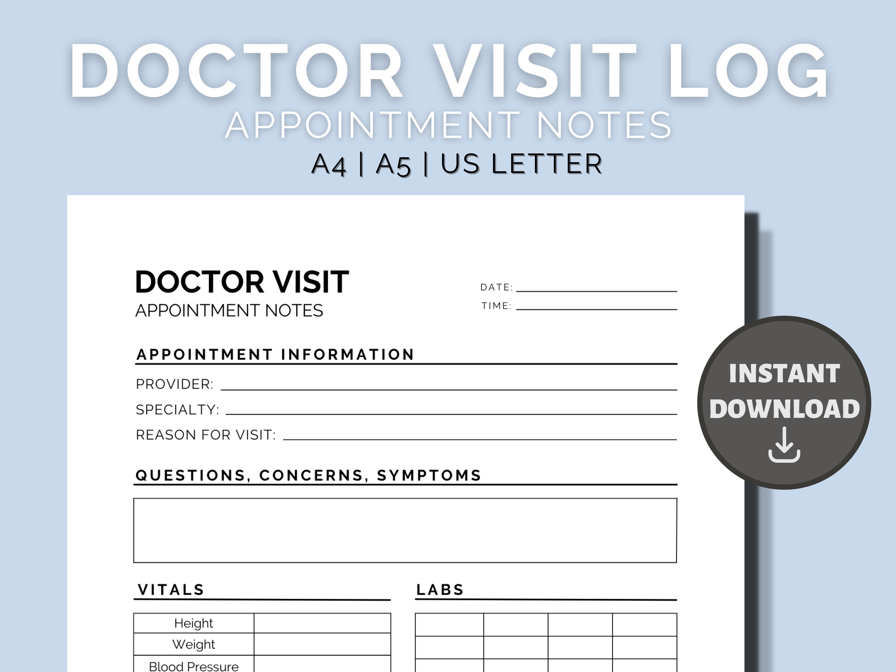 Printable Doctor Visit Log, Doctor Appointment Tracker, Health Journal