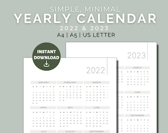 2022 - 2023 Jahreskalender, Digital & Druckbare PDF - Sofort Download | A4, A5, US Letter