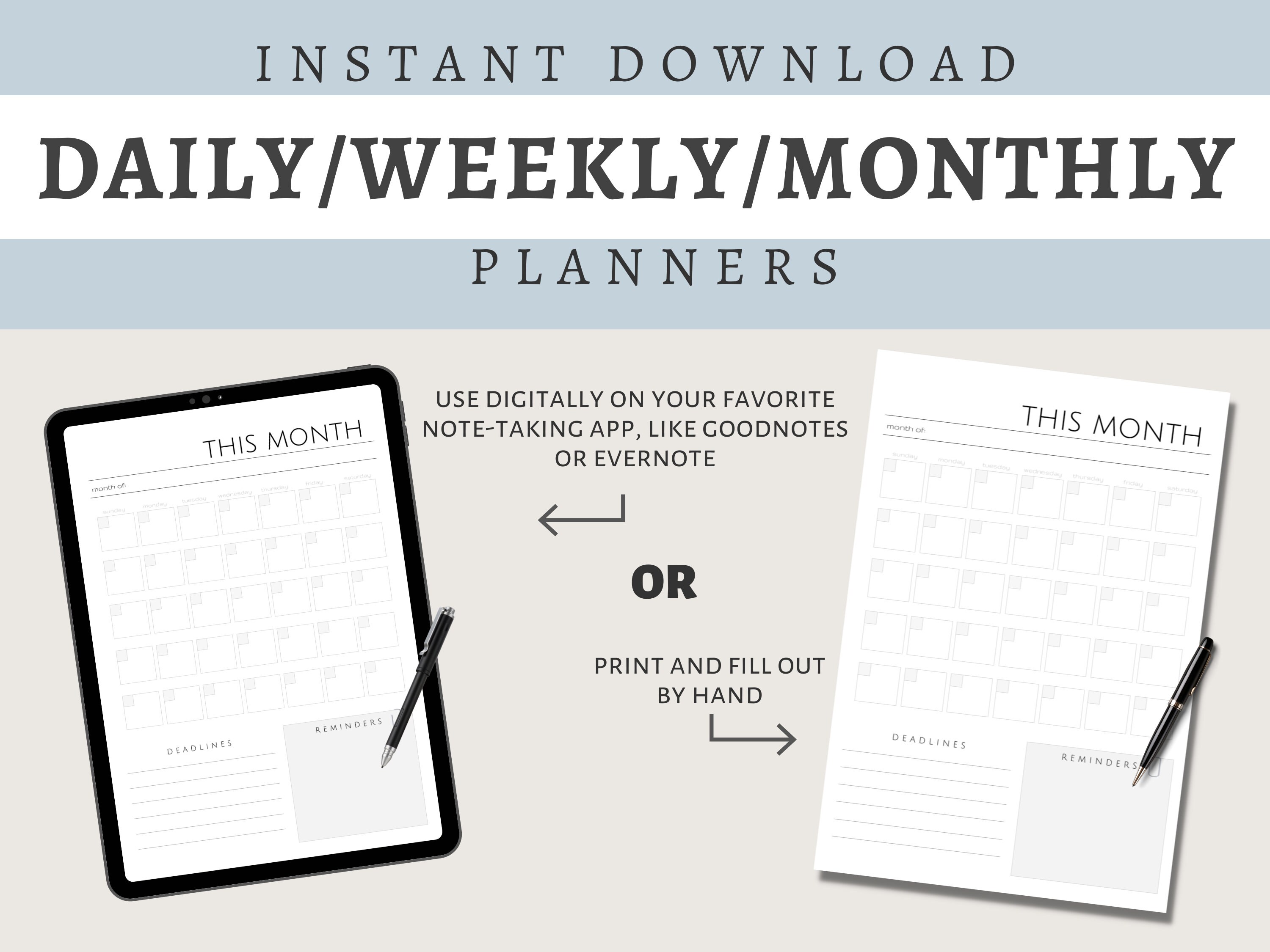 Daily, Weekly, Monthly Planner | Simple, Clean, Minimal | Digital or ...