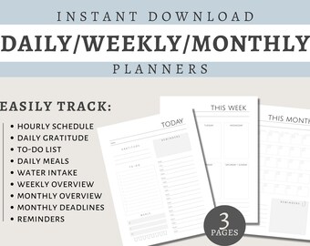 Täglicher, wöchentlicher, monatlicher Planer | Einfach, Sauber, Minimal | Digitaler oder druckbarer Planer PDF | Tagesablauf, To-Do Liste | US Letter Größe |