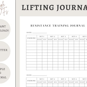 Diario de levantamiento, Registro de entrenamiento de fuerza, Rastreador de levantamiento de pesas para bajar de peso / Planificador de fitness imprimible o digital / Carta de EE. UU.