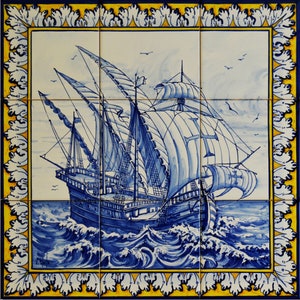 Portuguese caravel. Portuguese tile. Hand-painted using majolica technique