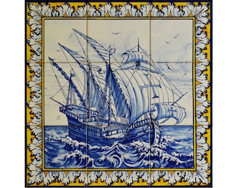 Portuguese caravel. Portuguese tile. Hand-painted using majolica technique