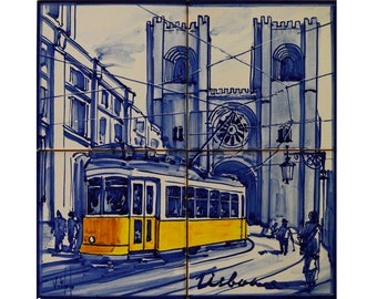 Lisbon Tram. Portuguese tile mural, hand-painted using majolica technique