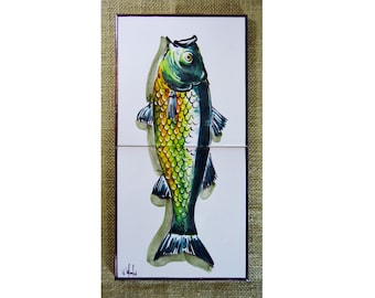 Handmade portuguese tile. Tile Mural. Fish. Ceramics with fish. Tile with fish