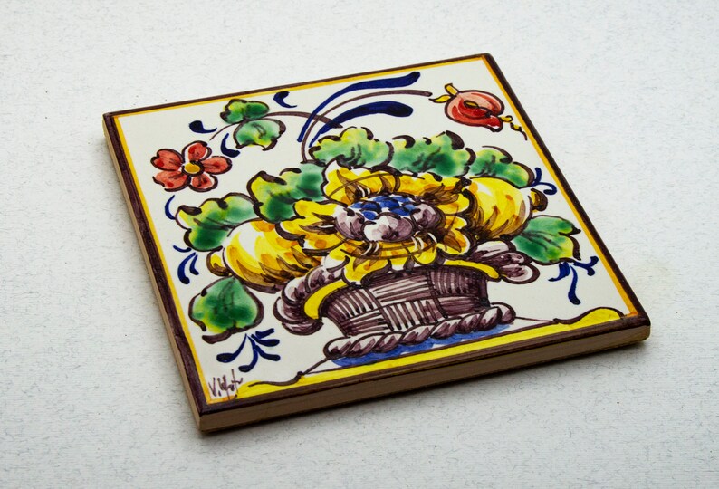 Portuguese hand painted tile. Tile with basket with flowers image 4