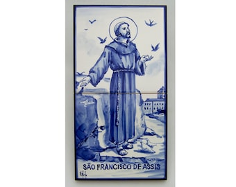 Saint Francis of Assisi. Portuguese tile, Hand-painted using majolica technique