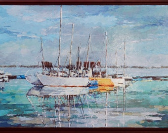 Boats on the river. Landscape Painting. Original Painting