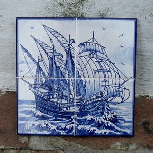Portuguese caravel. Portuguese tiles. Hand-painted using majolica technique
