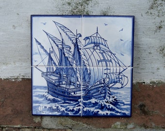 Portuguese caravel. Portuguese tiles. Hand-painted using majolica technique